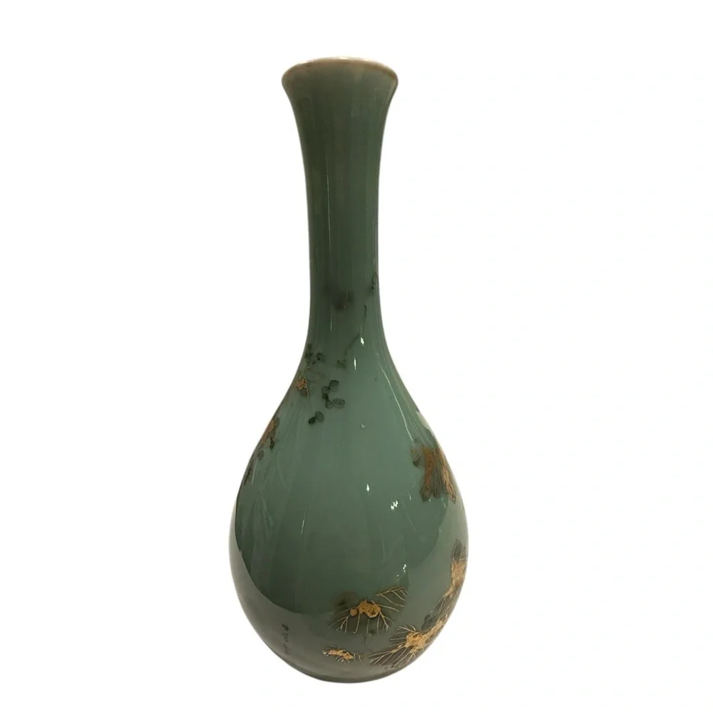 .Asian Turquoise Gilt Decorated Crane Neck Porcelain Glazed Large Vase #1